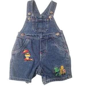 Vintage Carter's SZ 3-6 mo Baby Denim Overall Shorts Surfing Animals Embroidered
